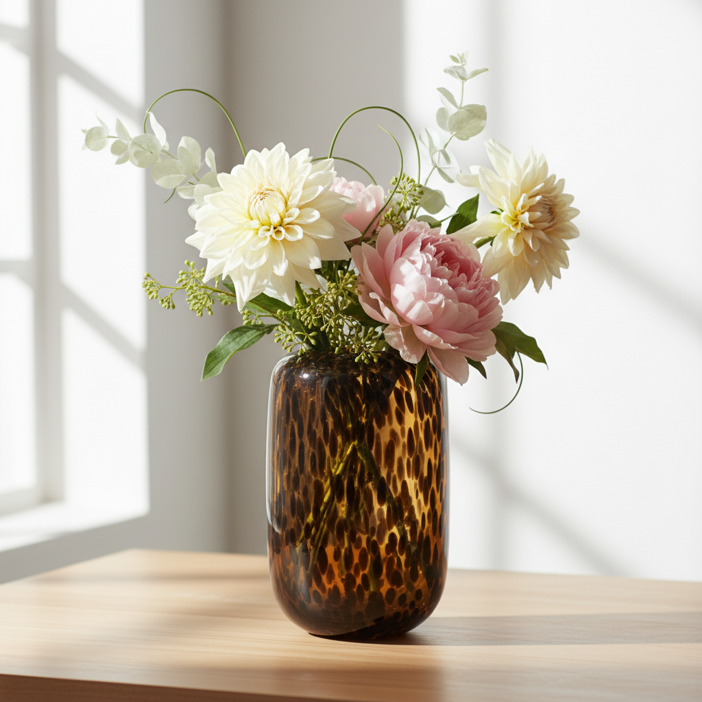 Amber Vase,Tortoise Shell Decor,Brown Glass,Round Art,Modern Clear Glass Vase,Decorative Bottles for Home Decor,Farmhouse Centerpiece,Wide for Living Room, Kitchen,Office, Dining
