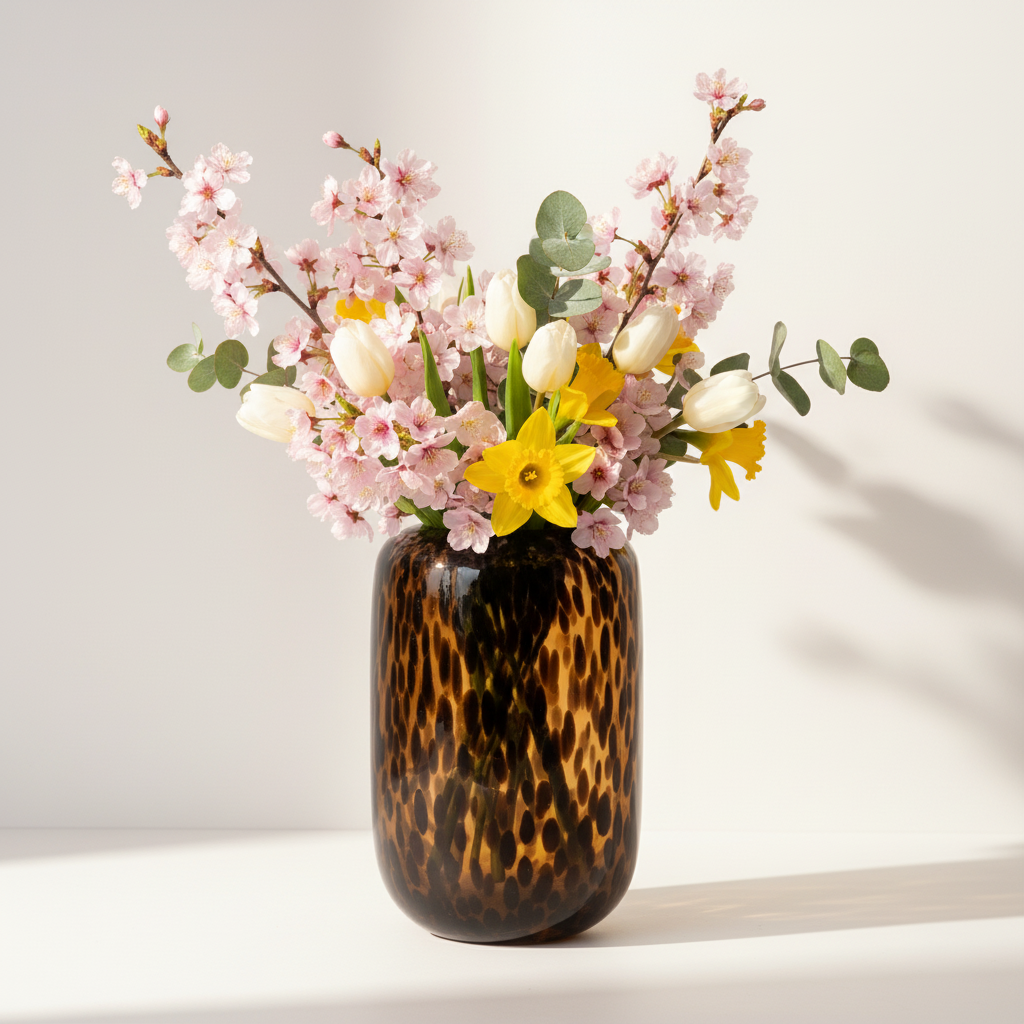 Amber Vase,Tortoise Shell Decor,Brown Glass,Round Art,Modern Clear Glass Vase,Decorative Bottles for Home Decor,Farmhouse Centerpiece,Wide for Living Room, Kitchen,Office, Dining