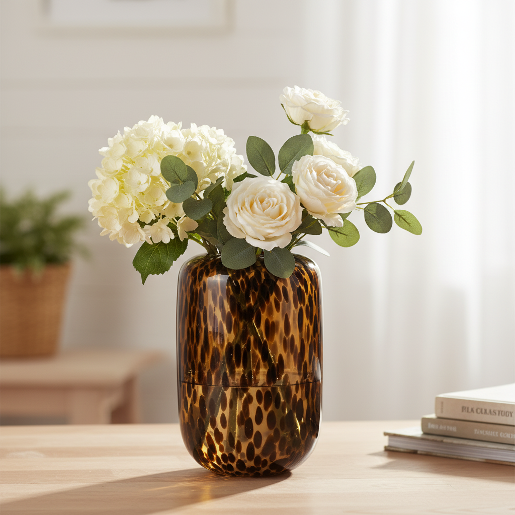 Amber Vase,Tortoise Shell Decor,Brown Glass,Round Art,Modern Clear Glass Vase,Decorative Bottles for Home Decor,Farmhouse Centerpiece,Wide for Living Room, Kitchen,Office, Dining