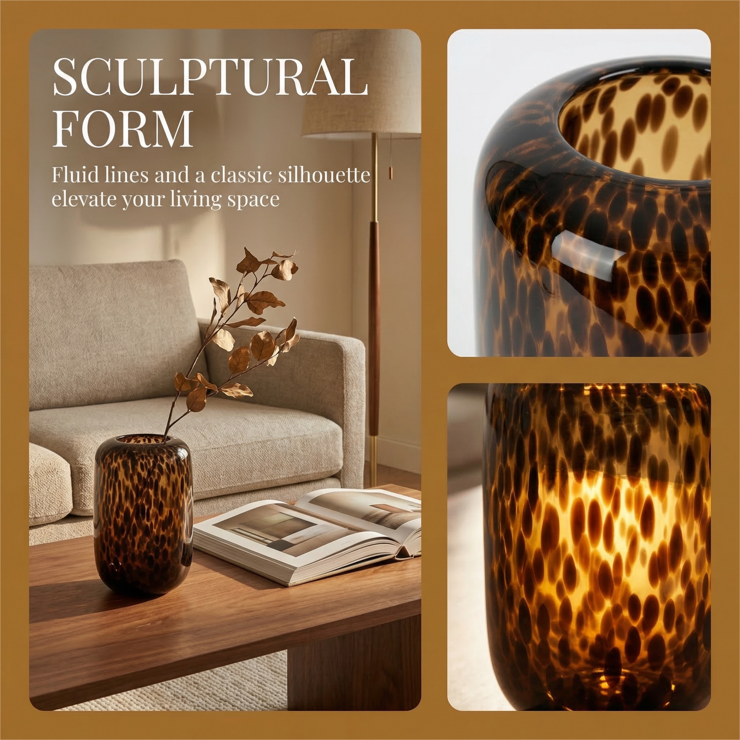 Amber Vase,Tortoise Shell Decor,Brown Glass,Round Art,Modern Clear Glass Vase,Decorative Bottles for Home Decor,Farmhouse Centerpiece,Wide for Living Room, Kitchen,Office, Dining